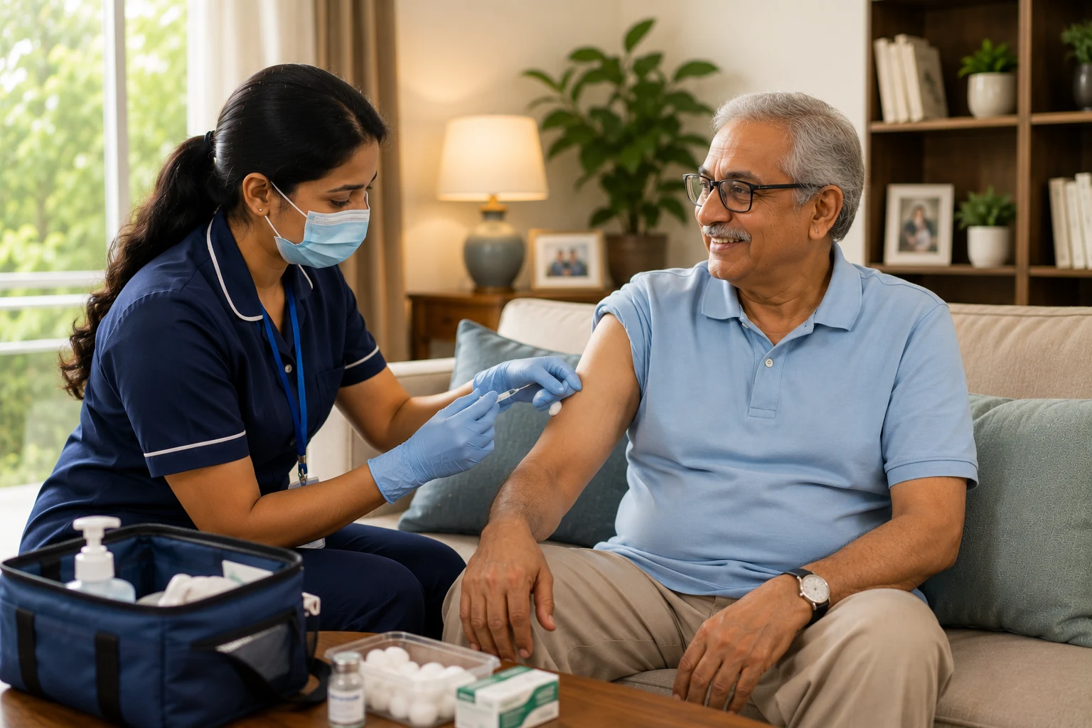 Healthcare professional providing a procedure at home