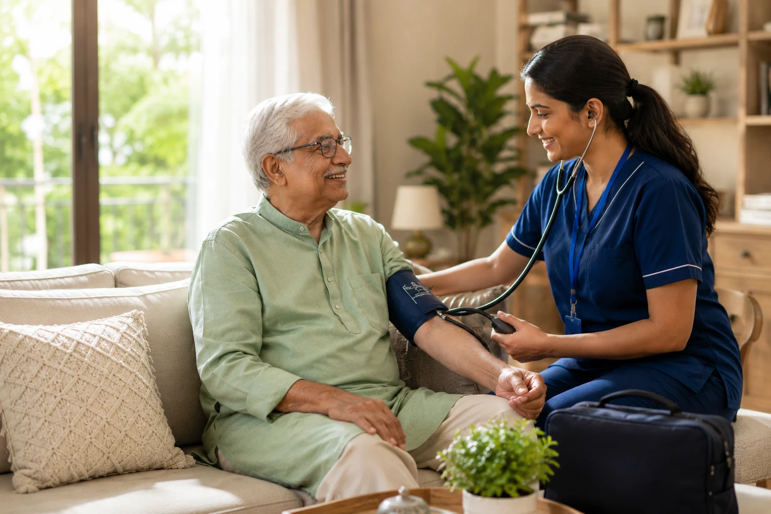 Nursing professional supporting an older adult at home