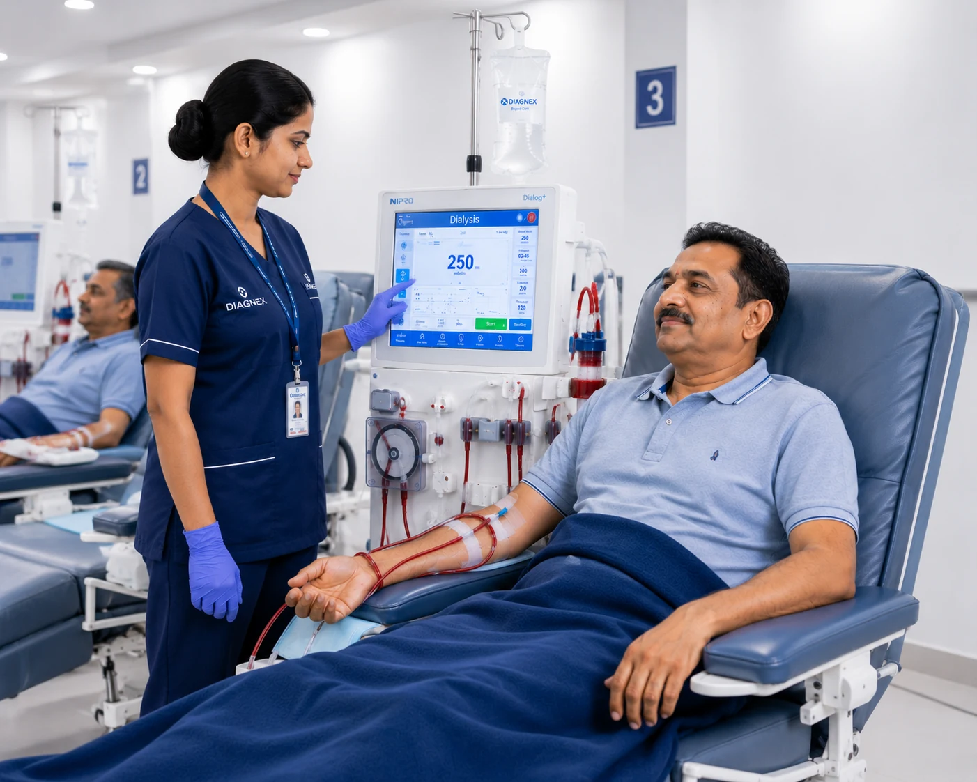 Clinical care team supporting a patient during dialysis