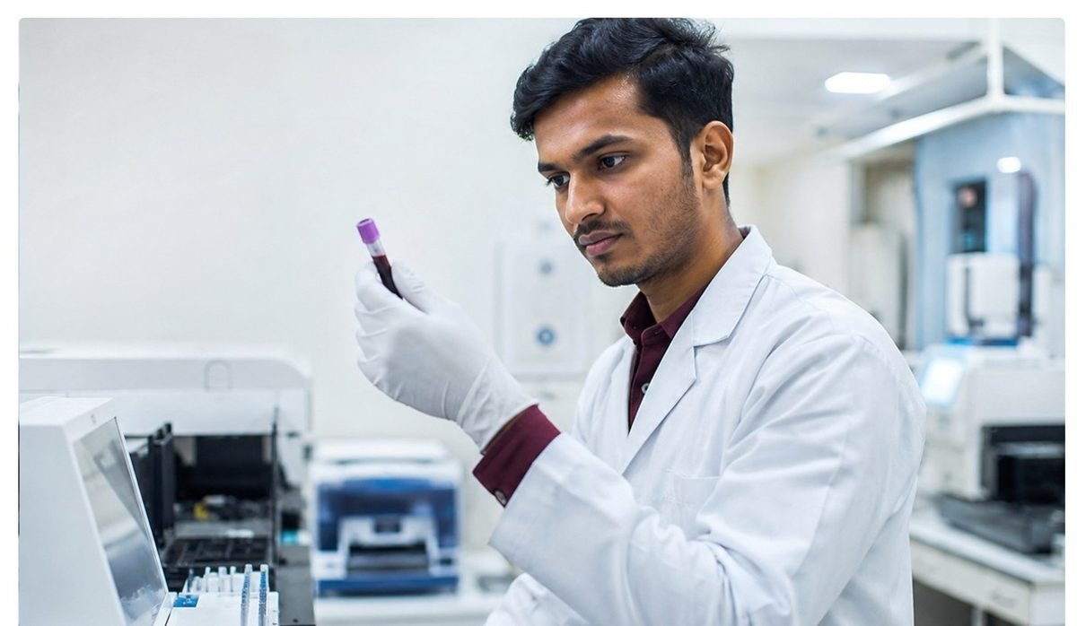 A Diagnex laboratory technician examining a sample